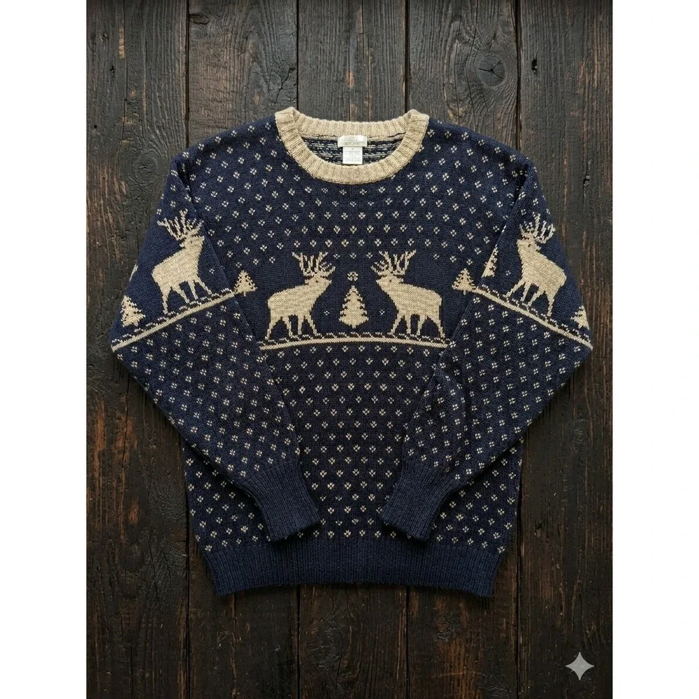 Vintage Old Navy Vintage Reindeer Fair Isle Navy Wool‎ Blend Sweater Holiday